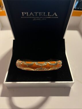 Piatella Orange Enamel Hinged Bangle Bracelet with Gold Trim